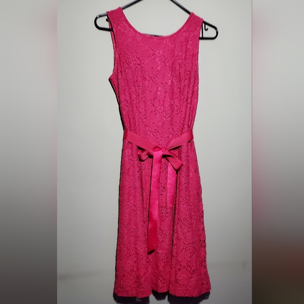 Precis Pink Floral Lace Sleeveless A-line Midi Dress With Bow Scoop Neck